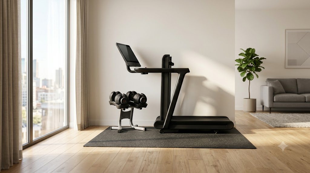 Compact and premium home gym arrangement showcasing space-saving foldable treadmill and stackable dumbbell set in a clean urban room.